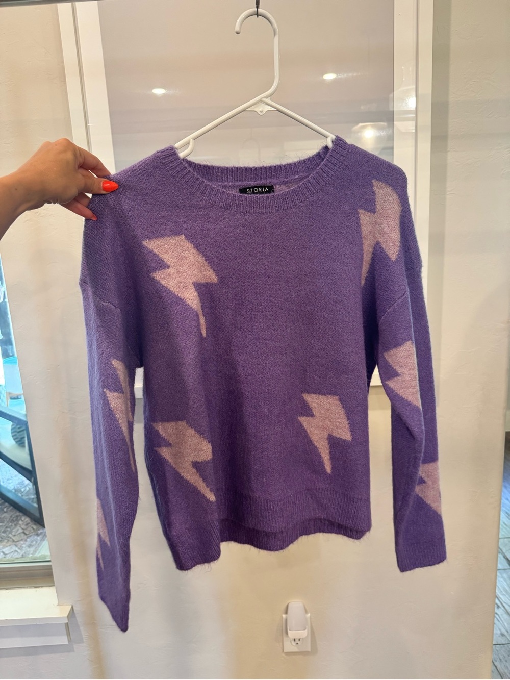 Storia Purple Crewneck Sweater with Pink Lightning Bolts
